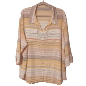 Alfred Dunner Chapel Hill Pastel Striped Woven Semi-Sheer Camp Shirt‎ Blouse Top